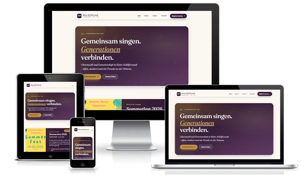 Website des MGV Klein-Schifferstadt auf Monitor, Tablet und Smartphone