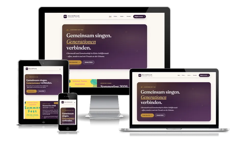 Website des MGV Klein-Schifferstadt auf Monitor, Tablet und Smartphone